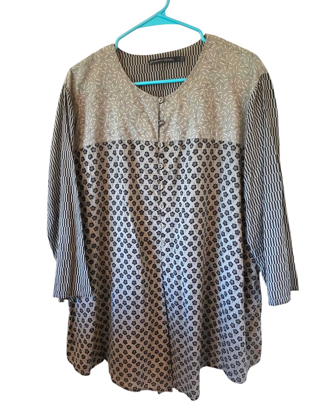 Gudrun Sjoden Womens Mixed Print Organic Cotton Tunic Top Size Large Gray Black